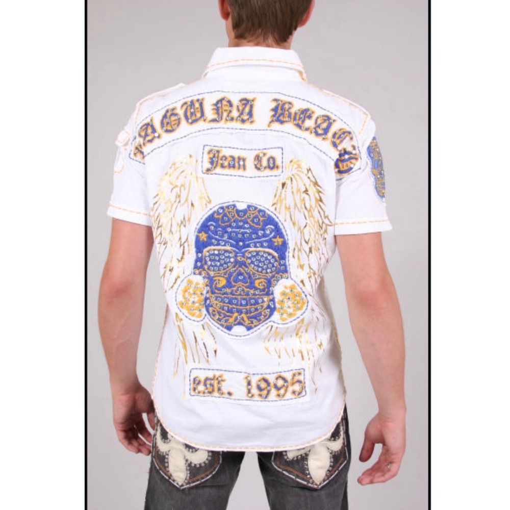 Laguna Beach Jean Co Button Down Men XL White Y2K Fleur De Lis Embroidered Shirt